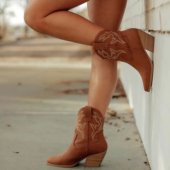 Soda Brown Ankle Boots with Western Stitching - Picture 2 of 6